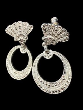 Vintage Sterling Silver Signed Art Deco Crystal Screw Back Hoop Drop Earrings